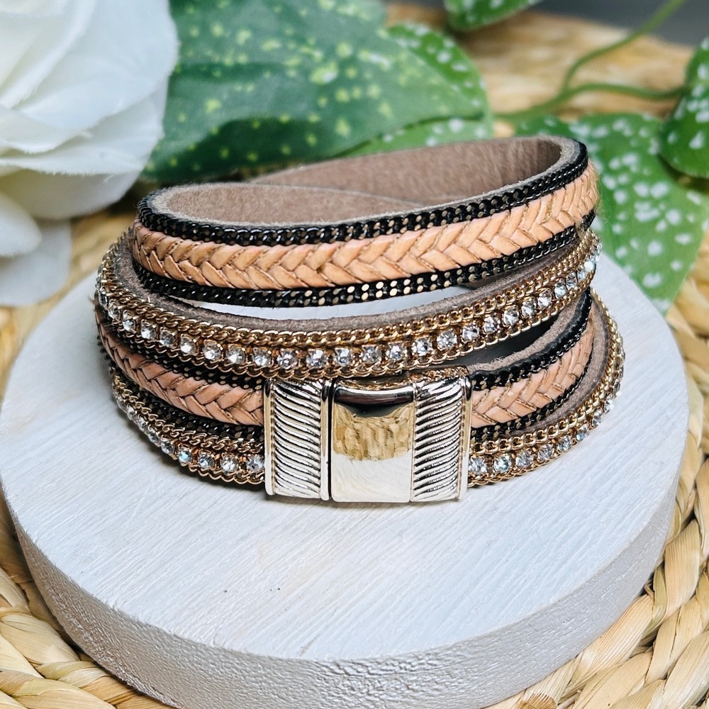 Multiple Layer Crystal, Brass, Braided Leather Wr… - image 1